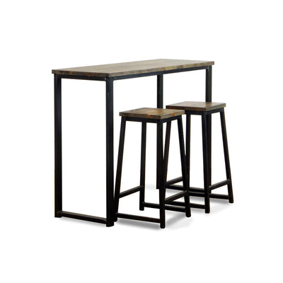 industrial wood and metal bar table with stools