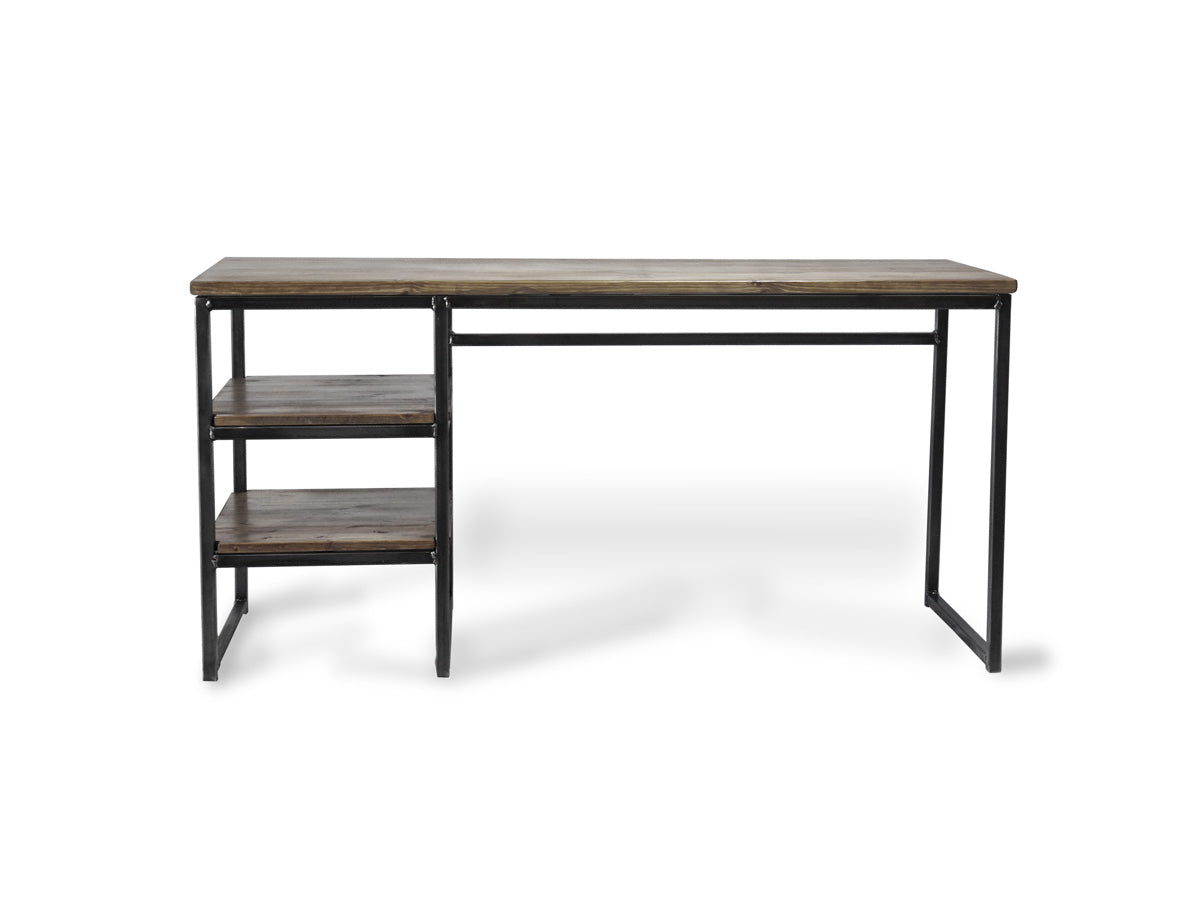 industrial wood and metal desk with shelves