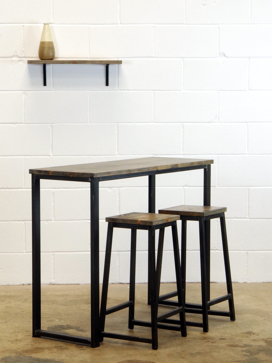 wood and metal bar and bar stools