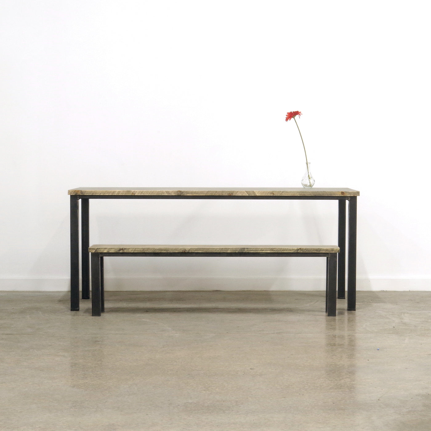 wood and metal table and bench absalom classics